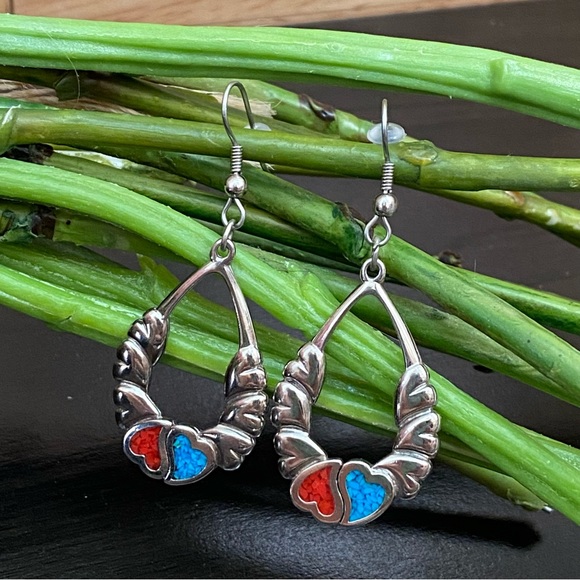 Vintage Signed Yin Yang Hearts Turquoise & Coral Inlay Silver Drop Earrings - Picture 1 of 11